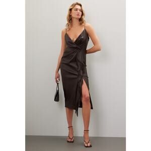 Simkhai Carlee Brown Faux Leather Fringe Faux Wrap Midi Dress Size 4